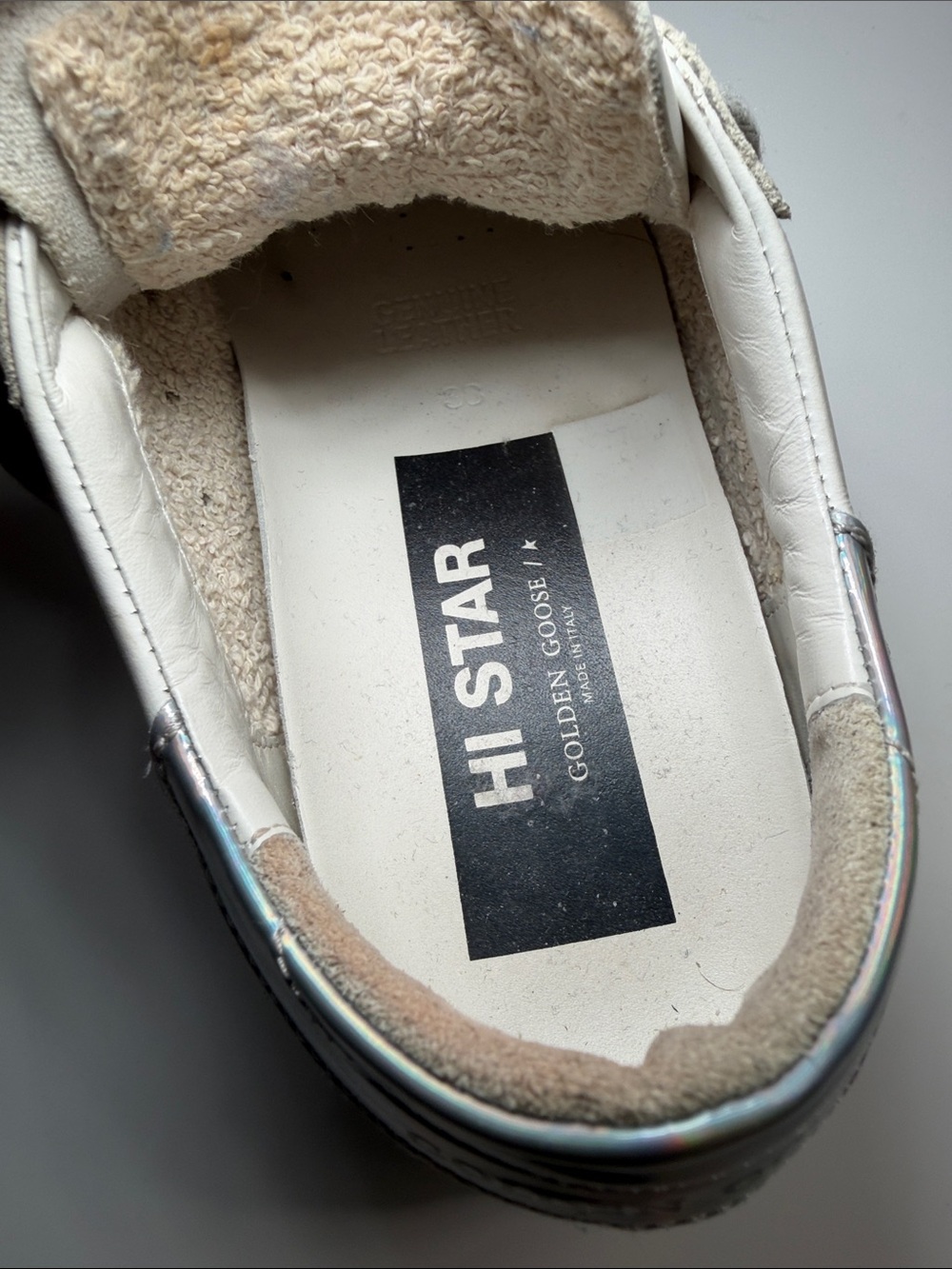 Golden Goose White Leather Hi Star Sneaker with Silver Glitter Star 38 - Picture 11 of 15